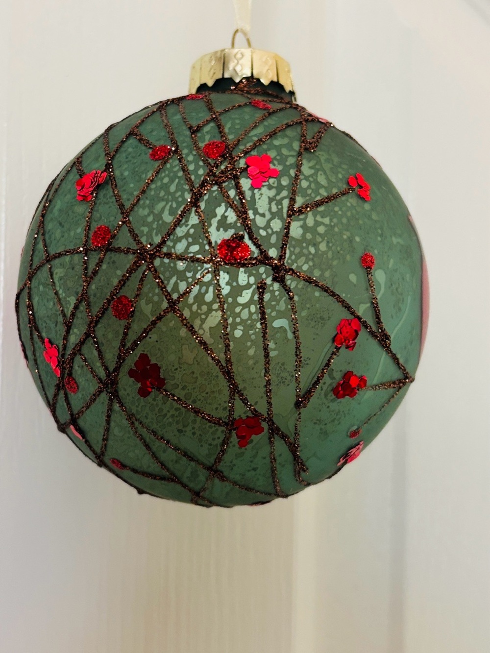 Hand-Painted Green Glass Ornament with Red Cardinal - Picture 2 of 7